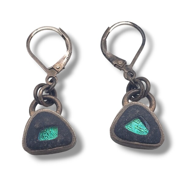Sterling Silver Earrings Inlaid Green Blue Dichroic Glass Leverback Dangle Drop - Picture 1 of 5